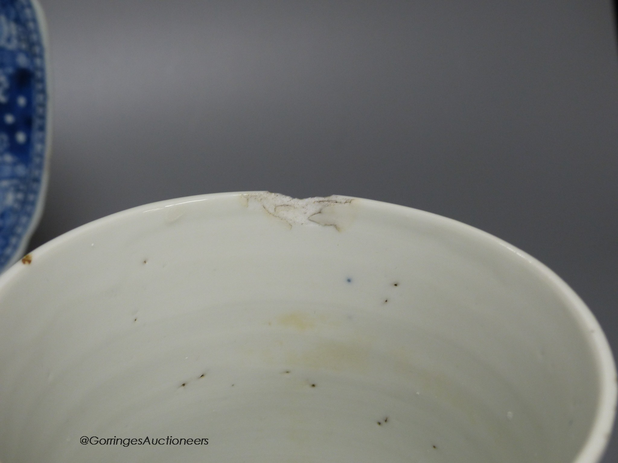 An 18th century Chinese blue and white mug, plate and saucer, largest 23cm diameter